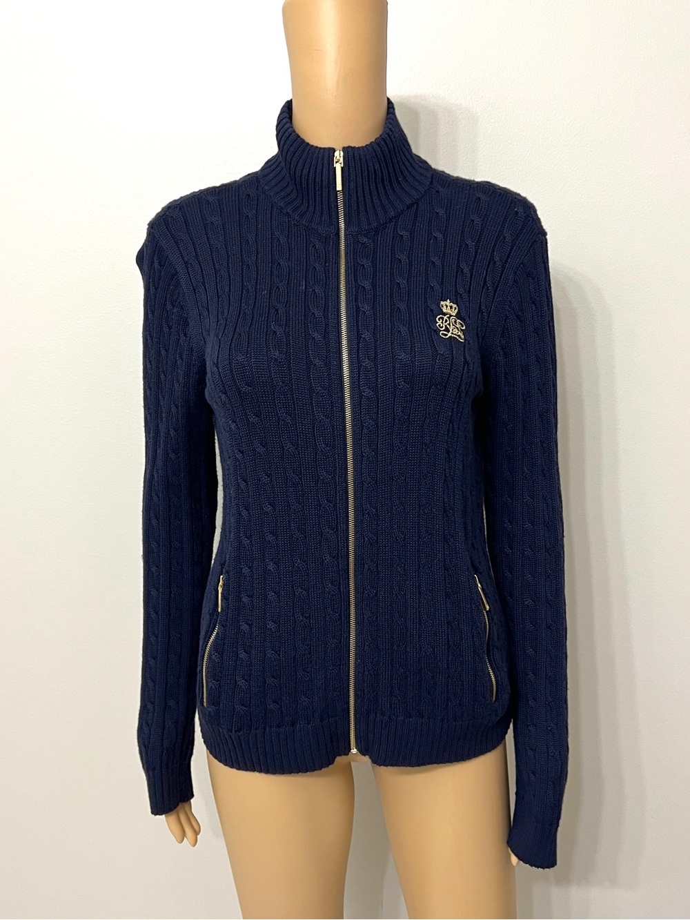 Lauren Ralph Lauren Women's Navy Blue Full Zip Cable Knit Pockets Sweater Small